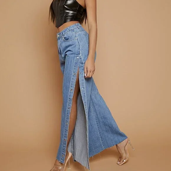 Medium Wash Casual womens Snap Button Side Trim Wide Leg Raw Hem Jeans - Picture 5 of 5